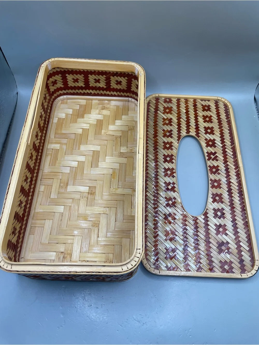 Vintage Bamboo Woven Red Geometric Design Tissue Box Cover With Lid 10.5x3.5”